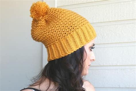 Slouchy Beanie, Mustard Yellow Winter Hat, Pompom Hat, Warm Beret ...