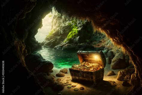 Generative AI illustration of pirates treasure chest in cave Stock Illustration | Adobe Stock