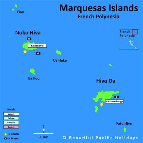 Map of Marquesas in French Polynesia showing Hotel Locations