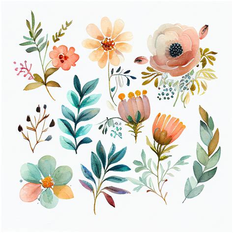 Premium Photo | Set flowers and leave painting watercolor floral illustration created with ...