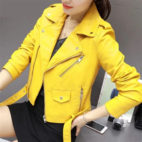 Pu Leather Jacket Women Fashion Bright Colors Yellow Motorcycle Coat ...