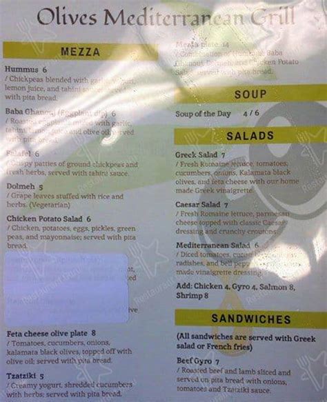 Menu at Olives Mediterranean Grill restaurant, Arlington