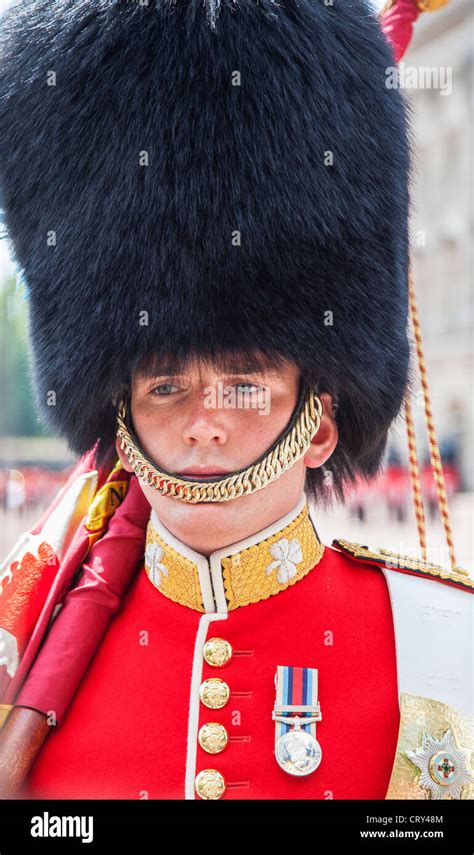 Member of Queen's Guard at Buckingham Palace, London, UK - Grenadier Guards - with red uniform ...