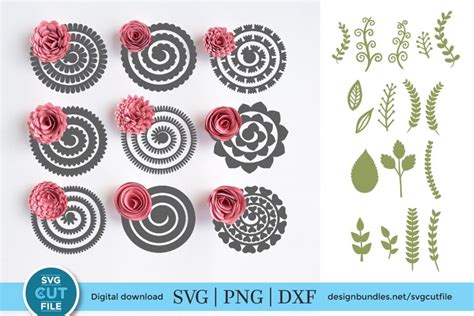 Rolled paper flowers SVG -9 rolled flower templates & leaves (532642) | Cut Files | Design Bundles