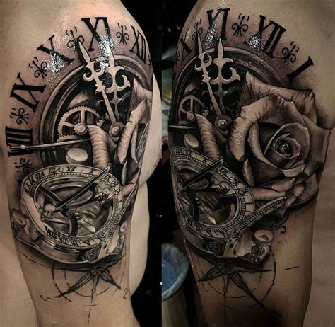 Sundial Compass, Clock & Rose | Mens shoulder tattoo, Tattoos, Cool tattoos