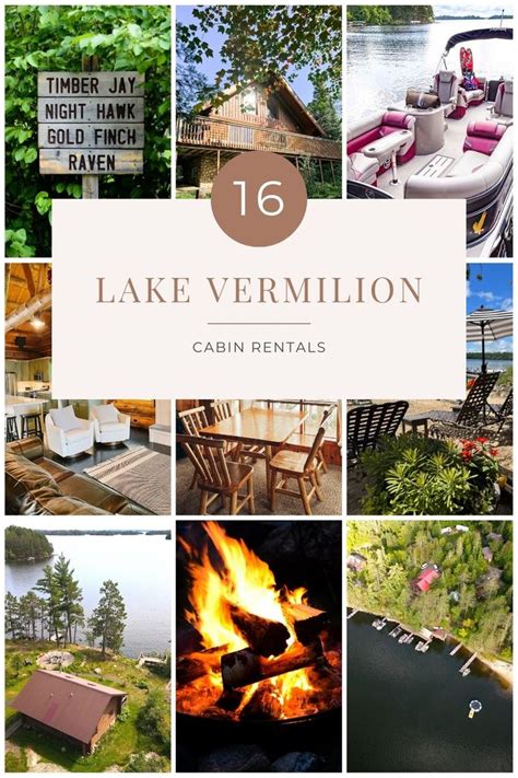 lake vermillion cabin rentals are featured in this collage with the words,