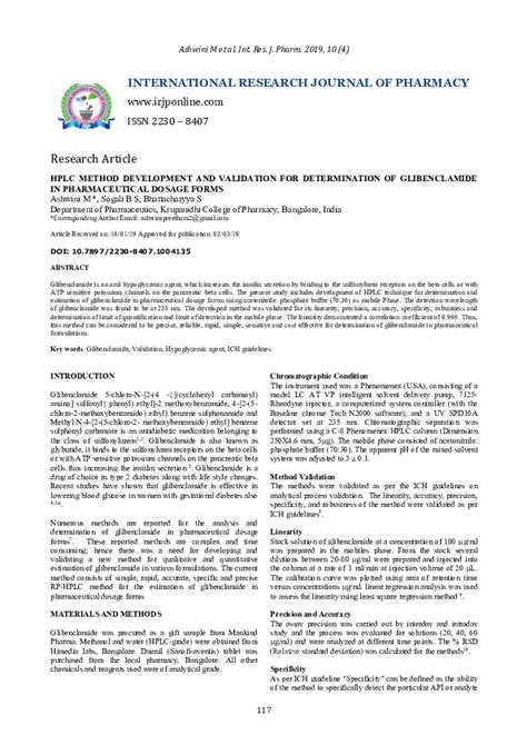 (PDF) HPLC Method Development and Validation for Determination of Glibenclamide in ...