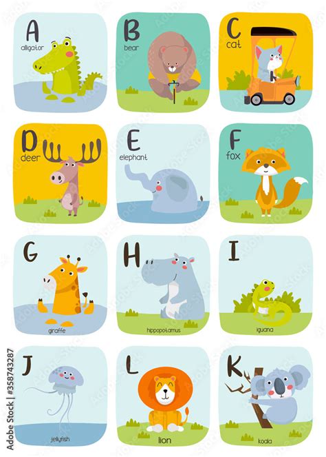 Cute Animal alphabet Vector illustration. Alphabet printable flashcards vector collection with ...