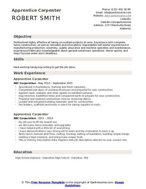 Apprentice Carpenter Resume Samples | QwikResume