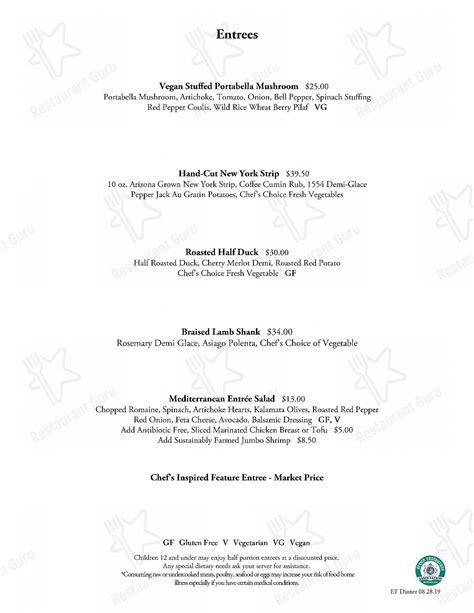 Menu at El Tovar Dining Room pub & bar, Grand Canyon Village, 1 El Tovar Rd