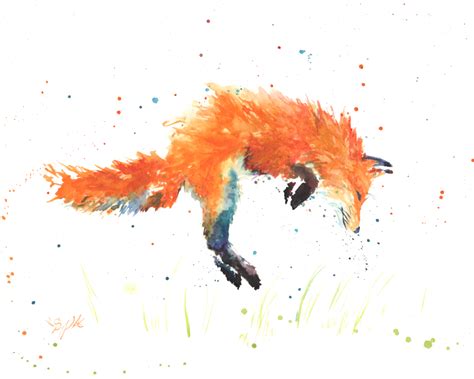 This minimal style watercolor piece, entitles "Fox Trot" displays an energetic red fox leaping ...