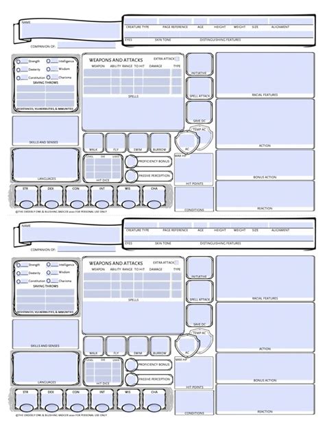 D&D Familiar Animal Companion Character Sheet Printable Fillable PDF Dungeons and Dragons 5e ...