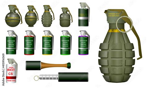 set of realistic hand grenade or hand smoke grenade or hand riot tear ...