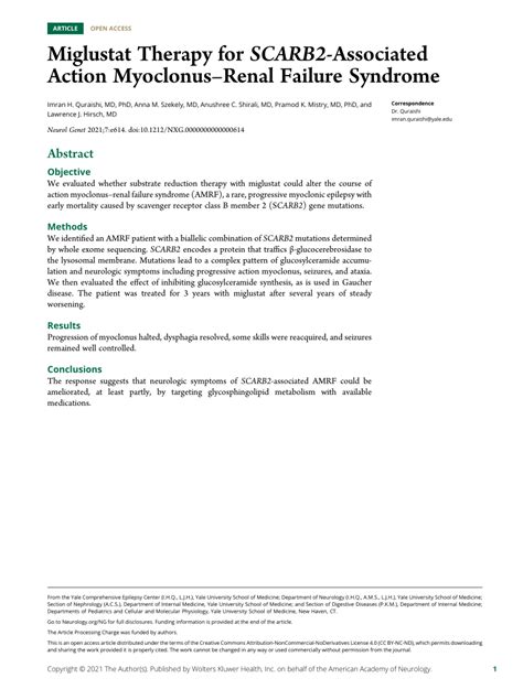 (PDF) Miglustat Therapy for SCARB2 -Associated Action Myoclonus–Renal ...