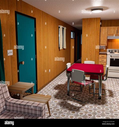 3D rendering of an old style mobile home trailer kitchen interior Stock Photo - Alamy