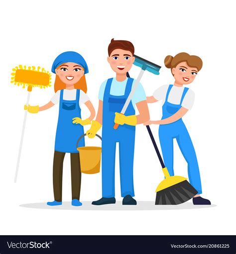 Cleaning service staff smiling cartoon characters Vector Image