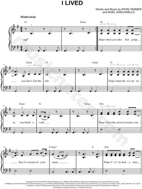 OneRepublic "I Lived" Sheet Music (Easy Piano) in G Major - Download & Print - SKU: MN0154382