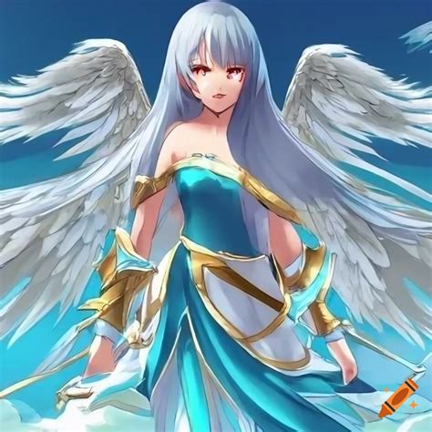 Beautiful female warrior angel anime-style, full body view, perfect face, perfect eyes, closed ...