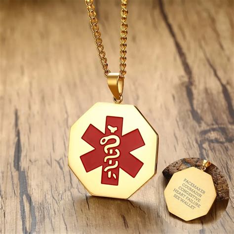 Free Engraving 35mm Octagonal Medical Alert Notification ID Tag Pendant Necklace for Men Gold ...