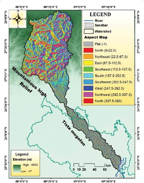 Aspect map of the Tista River basin in India and Bangladesh. | Download ...