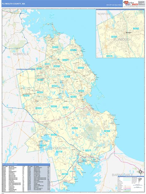 Plymouth County, MA Zip Code Wall Map Basic Style by MarketMAPS