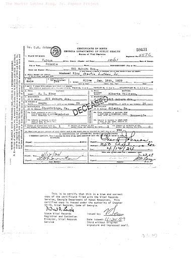 Certificate of Birth for Martin Luther King, Jr., 1/15/1929, revised 4 ...