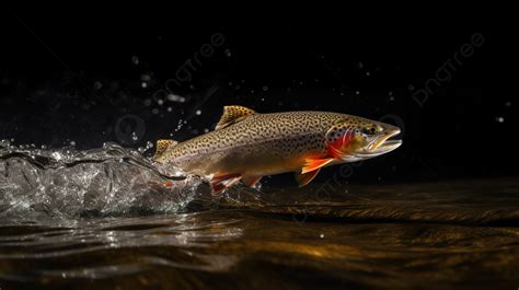 Rainbow Trout Jumping Out Of The Water At A Dark Night Time Background, Picture Of Trout Jumping ...