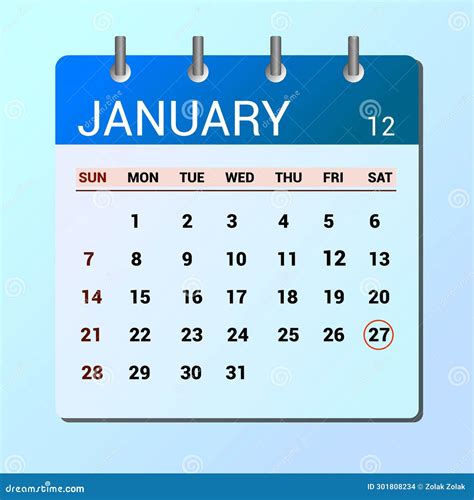 Vector Page of January Month Calendar and Highlighted Date January 27 ...