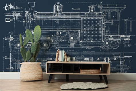 Vintage Train Blueprint Wall Mural | Removable Wall Mural | Eazywallz