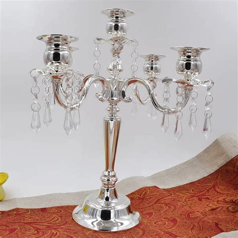 10pcs 35cm Tall Silver plated metal candle holder 5 arms candle stand with crystal pendant ...