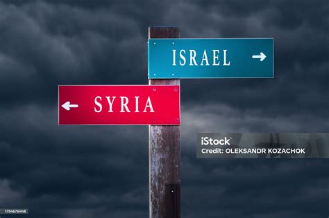 Syria Vs Israel Middle East Conflict Concept Direction Signs Pointing To Different Sides Stock ...