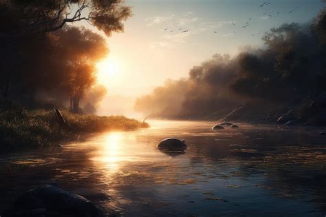 Premium AI Image | Sunset over a river with a river and trees in the ...