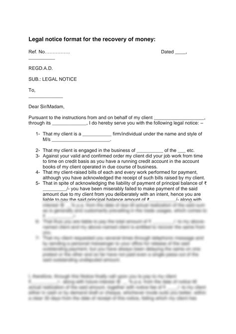 SOLUTION: Legal notice format for the recovery of money - Studypool