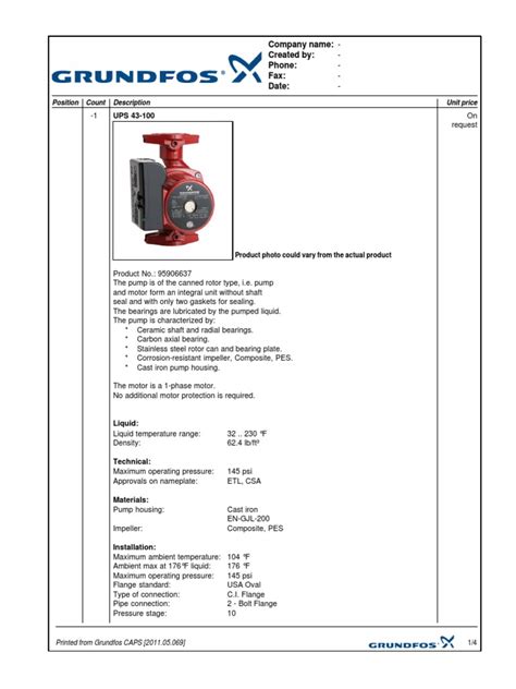 Grundfos - 43-100f Submittal Sheet | PDF | Bearing (Mechanical) | Pump