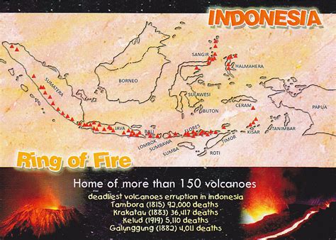 Postcard A La Carte: Indonesia - Ring of Fire Map of 150 volcanoes