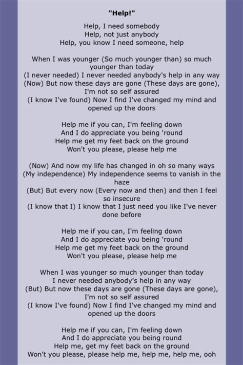 Help! The Beatles 1965 | Gospel song lyrics, Great song lyrics, Love songs lyrics