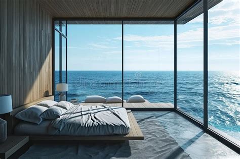 Minimalist Bedroom with Panoramic Ocean Sea View: Modern Coastal Interior Stock Illustration ...