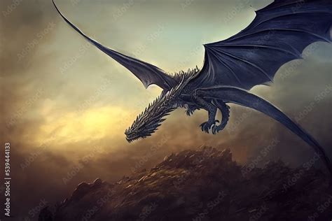 3D rendering of a concept art dragon in mid air. Fantasy wallpaper of a ...