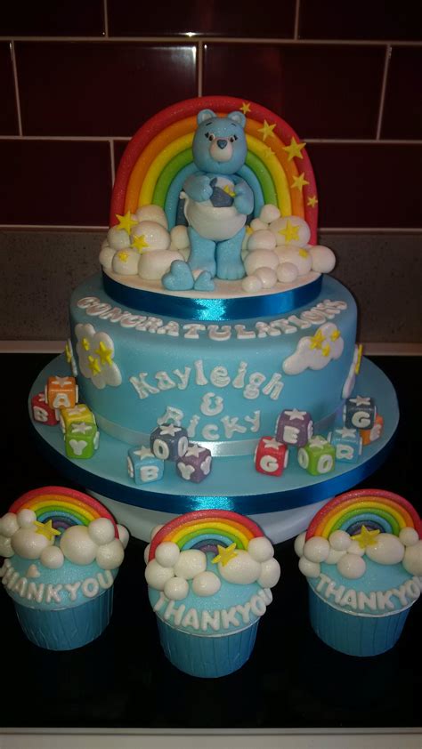 Rainbow, clouds and blue care bear baby shower cake | Cupcake cakes, Baby shower cakes, Bear ...