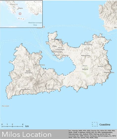 Topographic map of Milos Island. Inset map: Location of Milos in ...