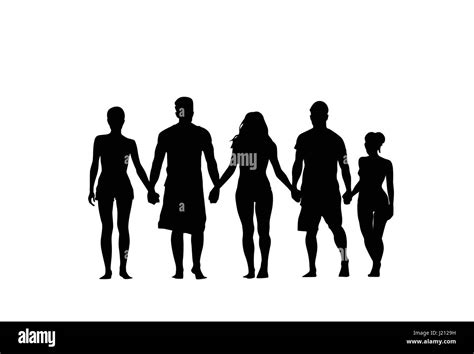 Silhouette People Group Stand Holding Hands Man And Woman Full Length Over White Background ...