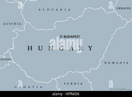 Hungary political map with capital Budapest, national borders, important cities, rivers and ...