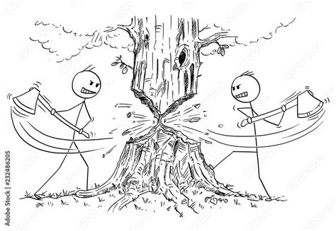 Cartoon stick drawing conceptual illustration of two lumberjacks with ...