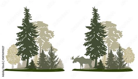 Forest landscape with moose silhouette , green colors, vector ...