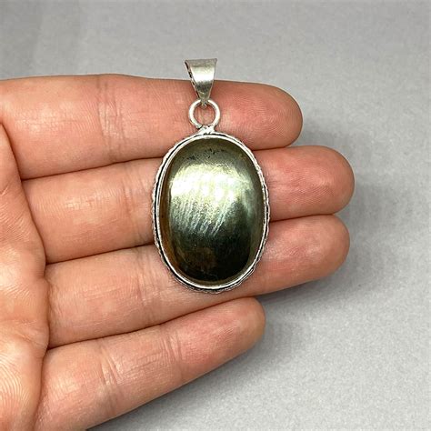 Natural Pyrite Gemstone 925 Silver Bezel Oval Pendant Focal Bead Size 2 Inch