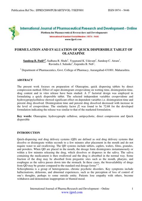 (PDF) FORMULATION AND EVALUATION OF QUICK DISPERSIBLE TABLET OF OLANZAPINE