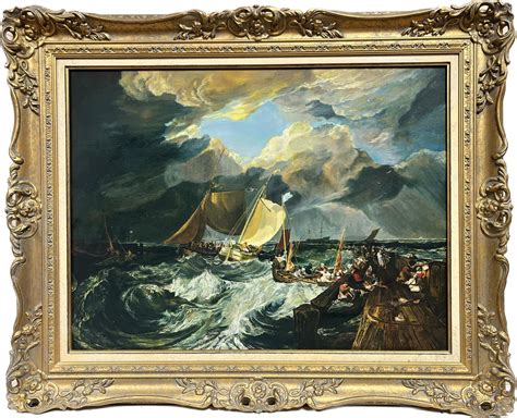 Large Marine Oil Painting Stormy Seascape Fishing Boats Calais Pier after Turner For Sale at 1stDibs