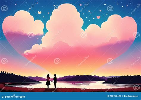 Romantic Landscape for Valentine S Day with Couple in Love and Heart ...