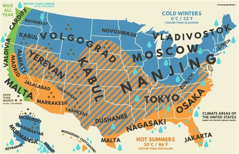 US climate with equivalent cities from around the world [OC] [1513 x 983] : r/MapPorn