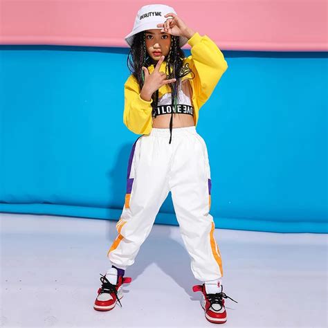 Hip Hop Costumes For Girls Yellow Hooded Top White Pants Kids Street Dance Clothes Jazz Dancing ...